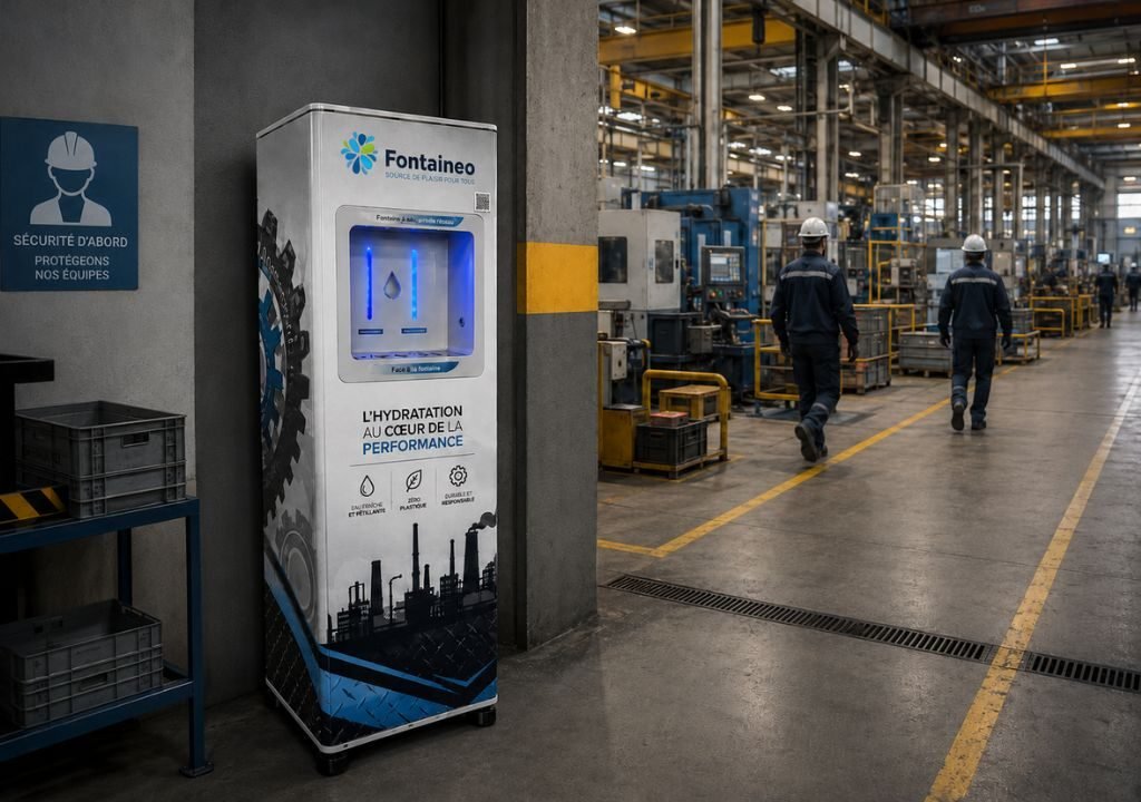 Un distributeur d'eau portant la marque « Fontaineo » est posé contre un mur dans une usine. Deux ouvriers, coiffés de casques et vêtus d'uniformes, avancent dans une allée, tandis que des machines et des équipements industriels occupent cet immense espace de travail bien éclairé.