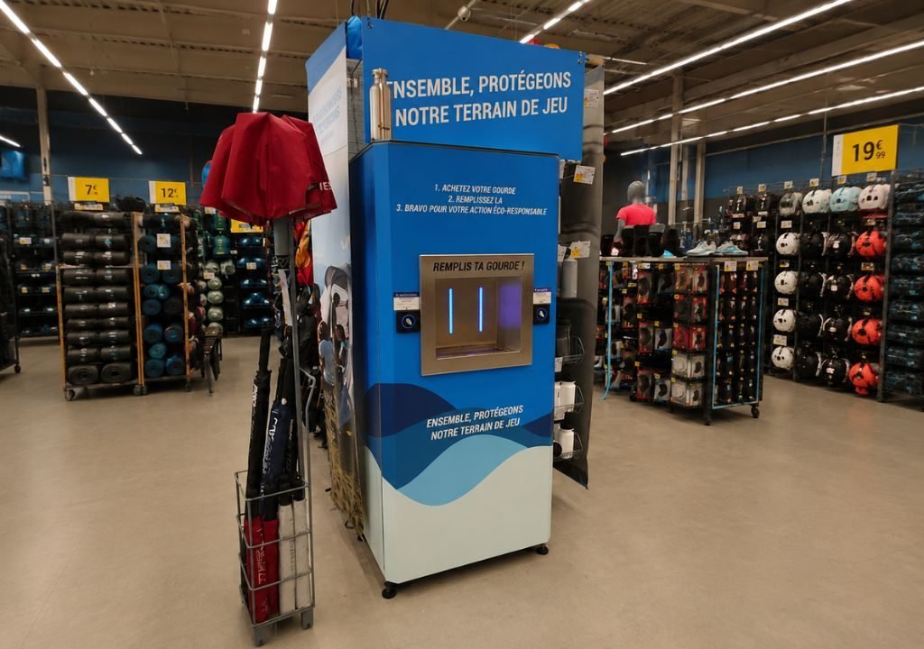 Une fontaine à eau d'entreprise se trouve à l'intérieur d'un magasin d'articles de sport, avec des instructions en français sur un panneau bleu. À l'arrière-plan, on aperçoit des rayons remplis d'équipements sportifs et de sacs, le tout sous un éclairage fluorescent intense.