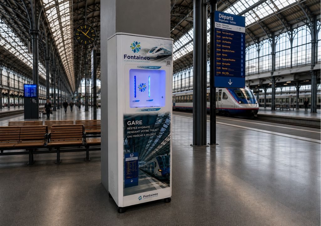Une fontaine à eau portant l'enseigne « Fontaineo » se trouve sur un quai, à l'intérieur d'une grande gare ferroviaire au toit de verre. On aperçoit à l'arrière-plan des bancs, une horloge, un panneau d'affichage des départs et un train.