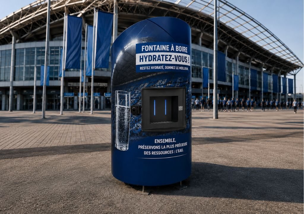 Une fontaine publique bleue se trouve à l'extérieur d'un stade moderne. La fontaine porte une inscription en français incitant à s'hydrater et à économiser l'eau, ainsi qu'une image représentant un verre d'eau.